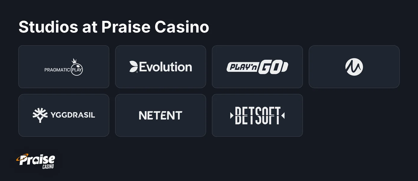 Logos of game studios at Praise Casino